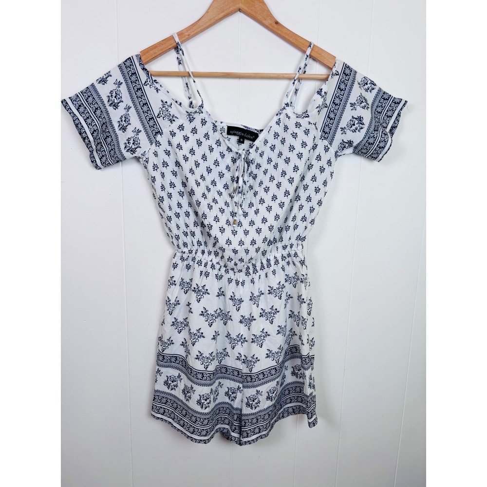 Spiaggia Dolce Romper Cold Shoulder Floral Print Tie Front White Blue Small‎